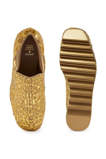 Shop_Anaar_Gold Cut Work, Applique, Embroidery Mosaic Wedge Sneakers _at_Aza_Fashions