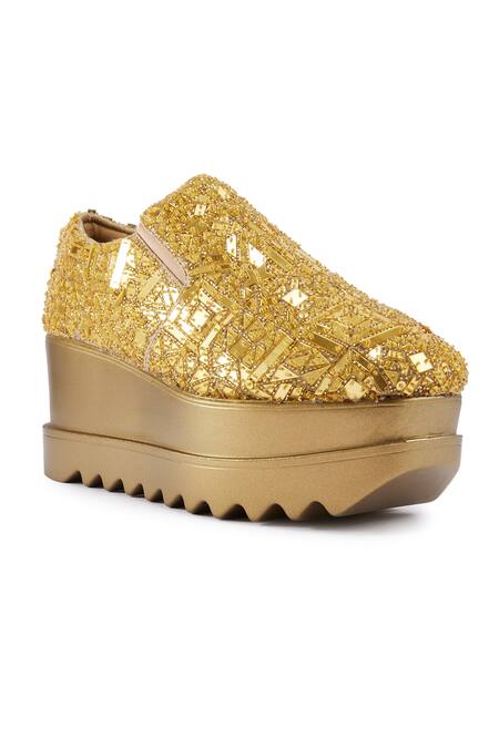 Anaar_Gold Cut Work, Applique, Embroidery Mosaic Wedge Sneakers _Online_at_Aza_Fashions