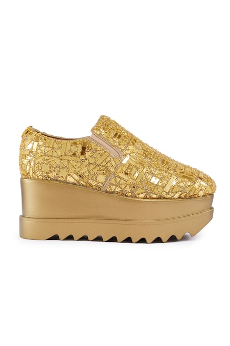 Buy_Anaar_Gold Cut Work, Applique, Embroidery Mosaic Wedge Sneakers _Online_at_Aza_Fashions