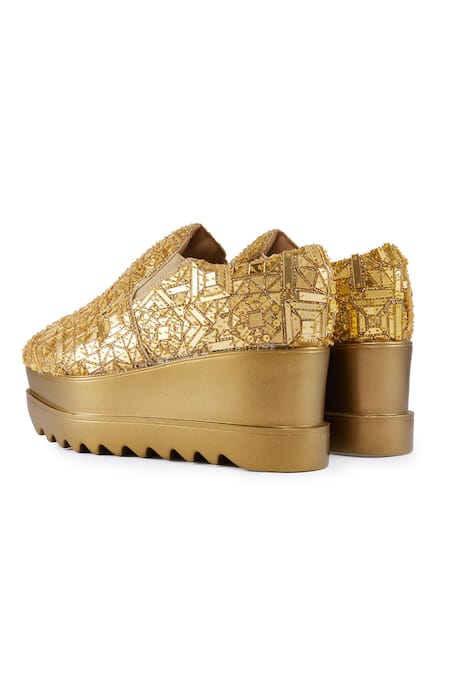 Shop_Anaar_Gold Cut Work, Applique, Embroidery Mosaic Wedge Sneakers _Online_at_Aza_Fashions