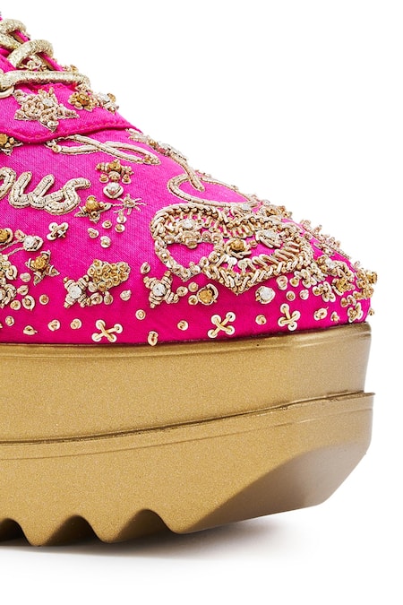 Anaar Pink Cut Work, Diamonds, Zari Dabka And Pita Wedge Sneakers at Aza Fashions Anaar_Pink Cut Work, Diamonds, Zari Dabka And Pita Wedge Sneakers _at_Aza_Fashions