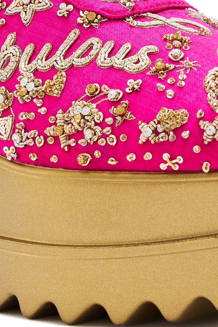 Buy Anaar Pink Cut Work, Diamonds, Zari Dabka And Pita Wedge Sneakers Buy_Anaar_Pink Cut Work, Diamonds, Zari Dabka And Pita Wedge Sneakers