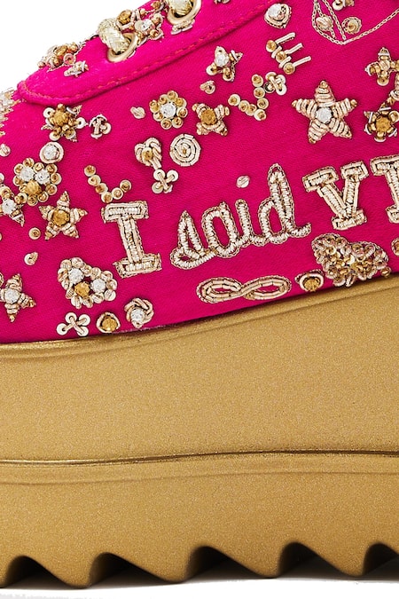 Shop Anaar Pink Cut Work, Diamonds, Zari Dabka And Pita Wedge Sneakers Shop_Anaar_Pink Cut Work, Diamonds, Zari Dabka And Pita Wedge Sneakers