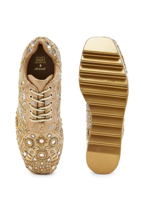 Shop Anaar Gold Mirror Work Wedge Sneakers at Aza Fashions Shop_Anaar_Gold Mirror Work Wedge Sneakers_at_Aza_Fashions
