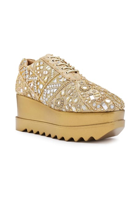 Anaar Gold Mirror Work Wedge Sneakers Online at Aza Fashions Anaar_Gold Mirror Work Wedge Sneakers_Online_at_Aza_Fashions