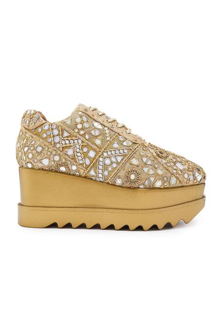 Buy Anaar Gold Mirror Work Wedge Sneakers Online at Aza Fashions Buy_Anaar_Gold Mirror Work Wedge Sneakers_Online_at_Aza_Fashions