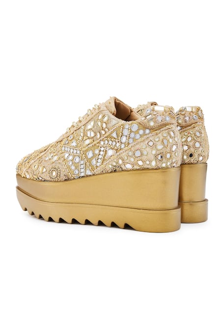 Shop Anaar Gold Mirror Work Wedge Sneakers Online at Aza Fashions Shop_Anaar_Gold Mirror Work Wedge Sneakers_Online_at_Aza_Fashions