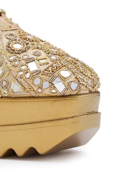 Anaar Gold Mirror Work Wedge Sneakers at Aza Fashions Anaar_Gold Mirror Work Wedge Sneakers_at_Aza_Fashions
