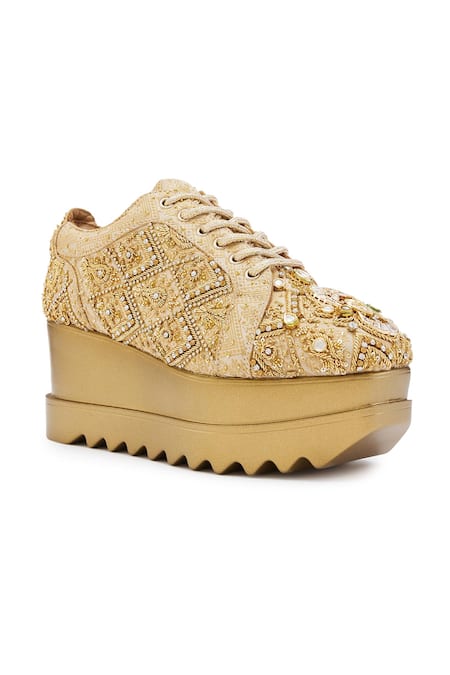 Anaar_Gold Crystals, Embroidery Brocade Jadau Wedge Sneakers _Online_at_Aza_Fashions