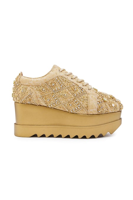 Buy_Anaar_Gold Crystals, Embroidery Brocade Jadau Wedge Sneakers _Online_at_Aza_Fashions