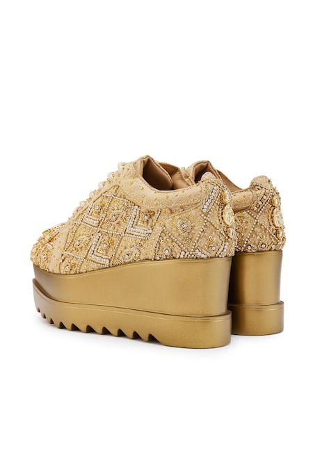 Shop_Anaar_Gold Crystals, Embroidery Brocade Jadau Wedge Sneakers _Online_at_Aza_Fashions