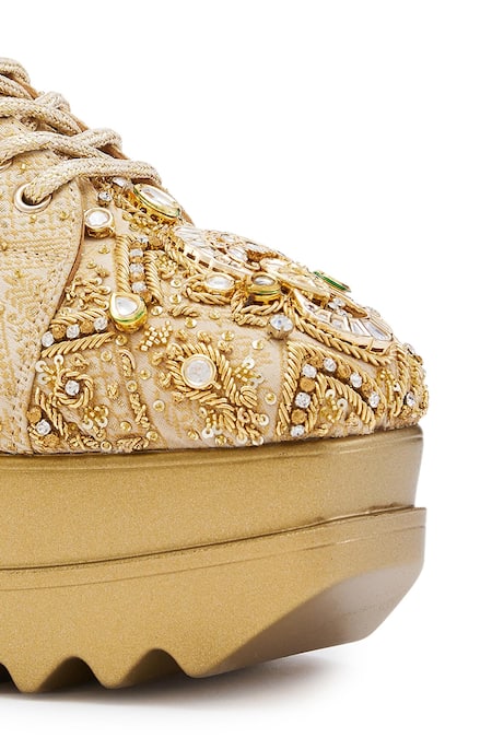 Anaar_Gold Crystals, Embroidery Brocade Jadau Wedge Sneakers _at_Aza_Fashions