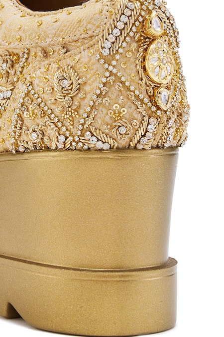 Shop_Anaar_Gold Crystals, Embroidery Brocade Jadau Wedge Sneakers 