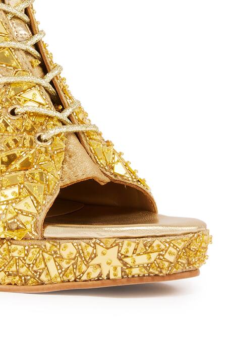 Shop Anaar Gold Cut Work, Mirrors Cutdana And Acrylic Embroidered Boots Online at Aza Fashions Shop_Anaar_Gold Cut Work, Mirrors Cutdana And Acrylic Embroidered Boots _Online_at_Aza_Fashions