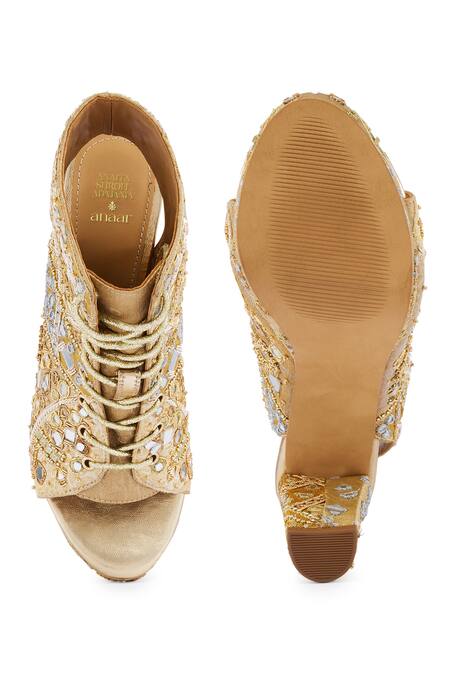Shop_Anaar_Gold Mirrors, Diamonds And Dabka Embroidered Boots _at_Aza_Fashions