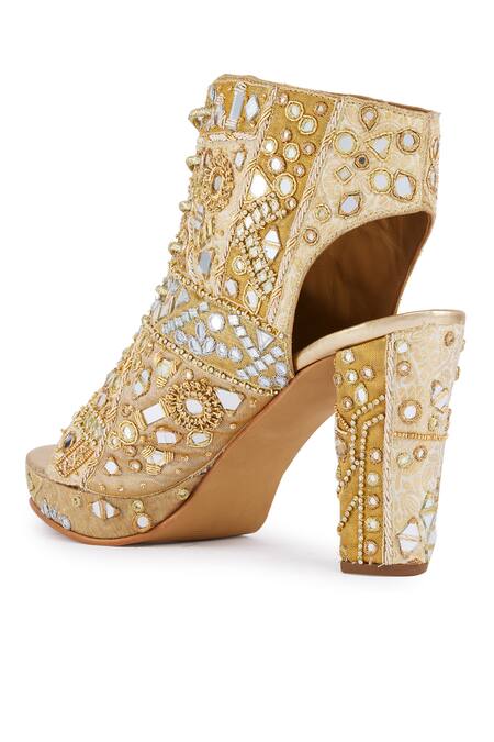 Buy_Anaar_Gold Mirrors, Diamonds And Dabka Embroidered Boots _Online_at_Aza_Fashions