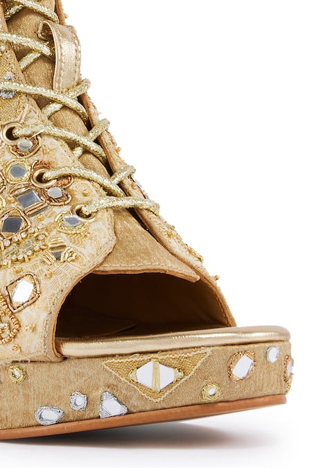Shop_Anaar_Gold Mirrors, Diamonds And Dabka Embroidered Boots _Online_at_Aza_Fashions