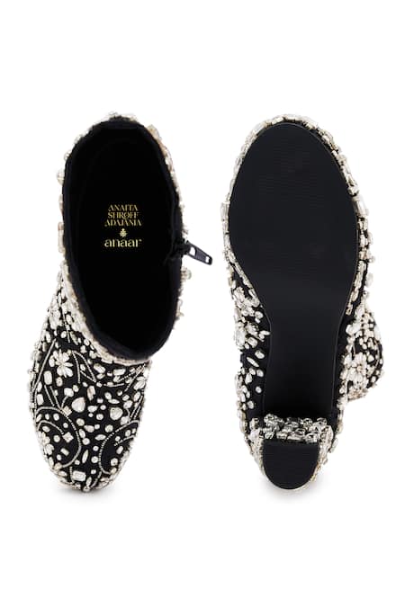 Shop Anaar Black Stones Embellished Floral Motif Boots at Aza Fashions Shop_Anaar_Black Stones Embellished Floral Motif Boots _at_Aza_Fashions
