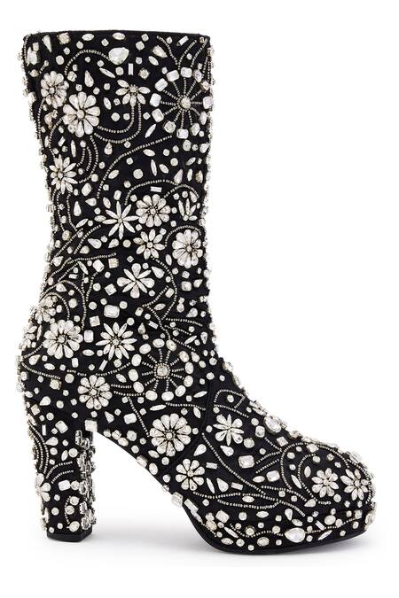 Anaar Black Stones Embellished Floral Motif Boots Online at Aza Fashions Anaar_Black Stones Embellished Floral Motif Boots _Online_at_Aza_Fashions