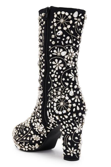 Buy Anaar Black Stones Embellished Floral Motif Boots Online at Aza Fashions Buy_Anaar_Black Stones Embellished Floral Motif Boots _Online_at_Aza_Fashions