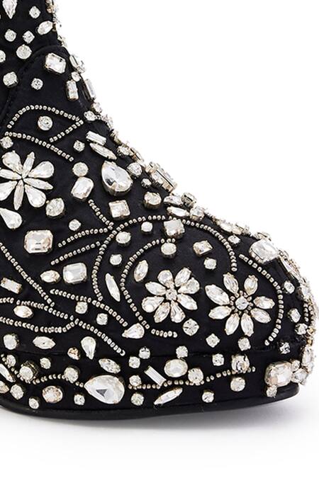 Shop Anaar Black Stones Embellished Floral Motif Boots Online at Aza Fashions Shop_Anaar_Black Stones Embellished Floral Motif Boots _Online_at_Aza_Fashions