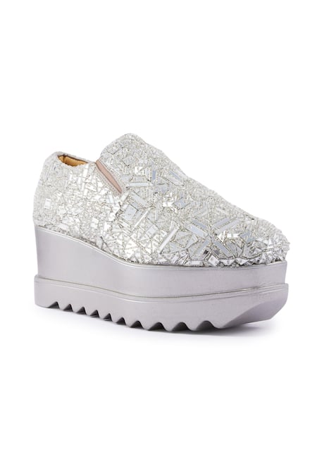 Anaar_Silver Acrylic Mirror Cutdana Wedge Sneakers _Online_at_Aza_Fashions