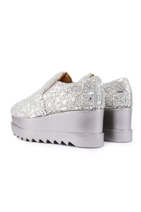 Shop_Anaar_Silver Acrylic Mirror Cutdana Wedge Sneakers _Online_at_Aza_Fashions