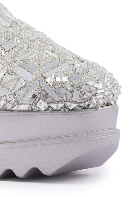Anaar_Silver Acrylic Mirror Cutdana Wedge Sneakers _at_Aza_Fashions