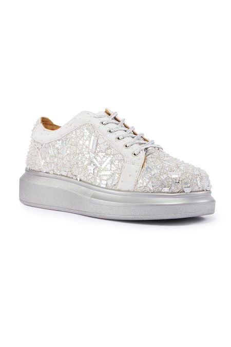 Anaar_Silver Cutdana Embroidered Flat Sneakers _Online_at_Aza_Fashions