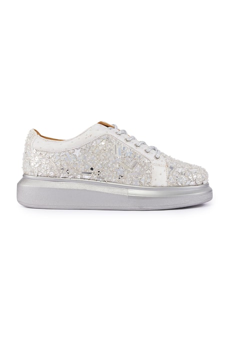 Buy_Anaar_Silver Cutdana Embroidered Flat Sneakers _Online_at_Aza_Fashions