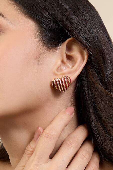 Buy_Isharya_Red Crystals Heartbeat Enamel Stud Earrings_Online_at_Aza_Fashions