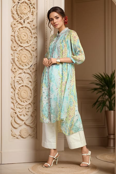 Buy_Naintara Bajaj_Blue Chiffon Beads Bandeau Floral Print Embroidered Gathered Kurta And Pant Set _Online_at_Aza_Fashions