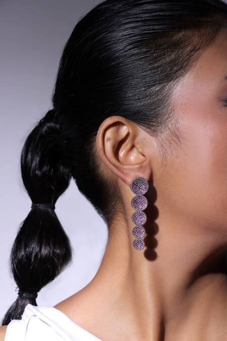 Shop_The Bling Girll_Pink Rhinestone Embellished Dangler Earrings _at_Aza_Fashions