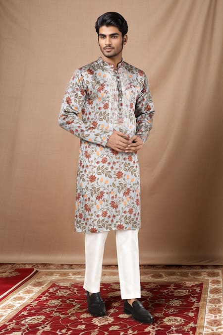 Arihant Rai Sinha Grey Cotton, Silk Embroidery Gul Print Kurta 