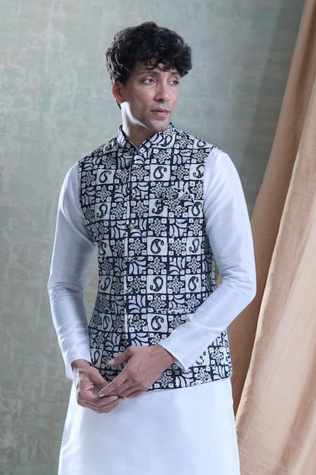 Aryavir Malhotra Black Soft Cotton Printed Paisley Nehru Jacket 