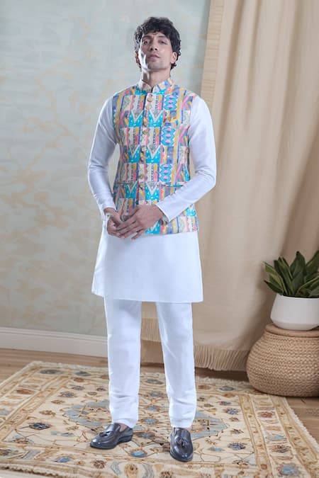 Aryavir Malhotra Geometric Foil Printed Bandi With Kurta Set 