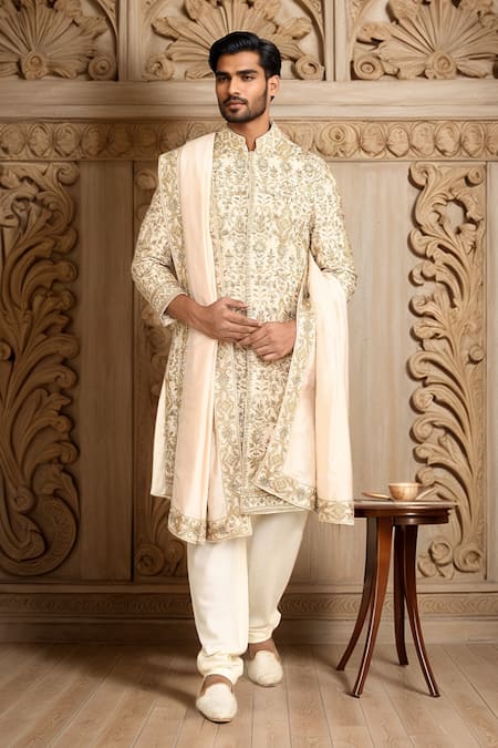 Kalighata Ivory Silk Sequins, Cut Work Floral Embroidered Sherwani Set 