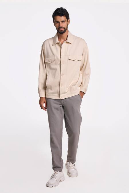 Buy_Terra Luna_Off White 100% Organic Handloom Cotton Solid Cuff Sleeve Shirt _Online_at_Aza_Fashions