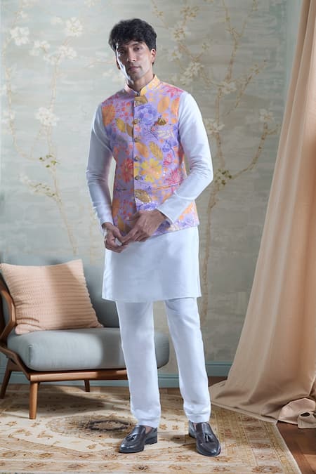 Aryavir Malhotra Garden Print Bandi With Kurta Set 