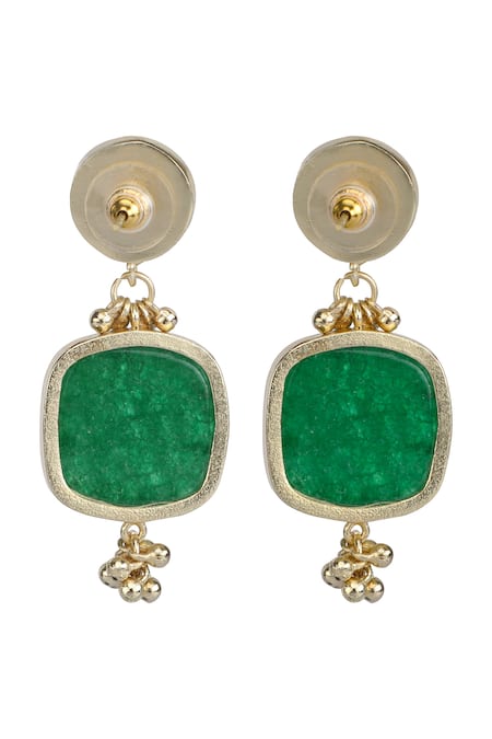 Shop_House Of Tuhina_Gold Plated Crystals, Stones, Beads Square Quartz Earrings _at_Aza_Fashions