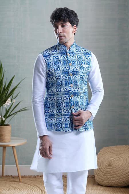 Arihant Rai Sinha Blue Cotton Embroidery Zig Zag Print Nehru Jacket 