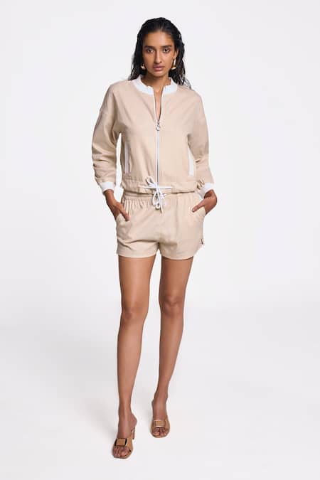 Terra Luna_Beige 100% Organic Handloom Cotton Solid Mandarin Collar Bomber Jacket _Online_at_Aza_Fashions