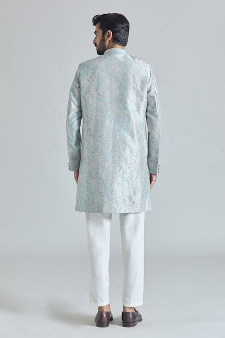 Shop_Arihant Rai Sinha_Grey Silk, Rayon, Satin, Cotton Blossom Asymmetric Sherwani With Polo Pant_at_Aza_Fashions
