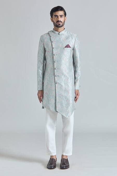 Arihant Rai Sinha_Grey Silk, Rayon, Satin, Cotton Blossom Asymmetric Sherwani With Polo Pant_Online_at_Aza_Fashions