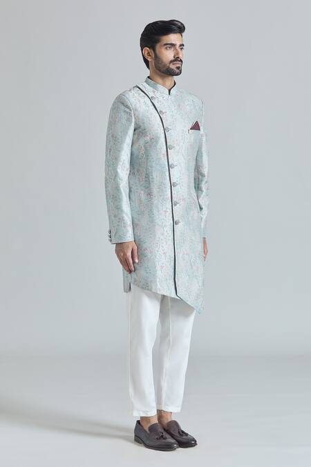 Buy_Arihant Rai Sinha_Grey Silk, Rayon, Satin, Cotton Blossom Asymmetric Sherwani With Polo Pant_Online_at_Aza_Fashions