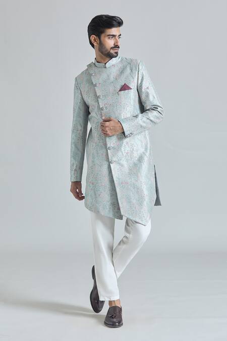 Shop_Arihant Rai Sinha_Grey Silk, Rayon, Satin, Cotton Blossom Asymmetric Sherwani With Polo Pant_Online_at_Aza_Fashions