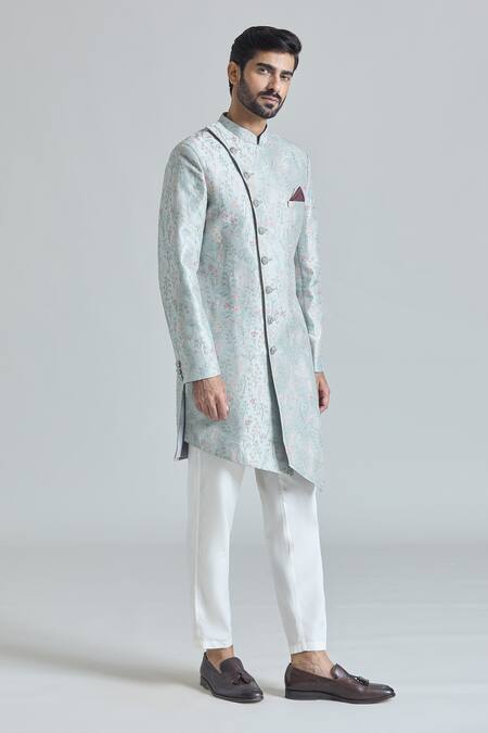 Arihant Rai Sinha_Grey Silk, Rayon, Satin, Cotton Blossom Asymmetric Sherwani With Polo Pant_at_Aza_Fashions