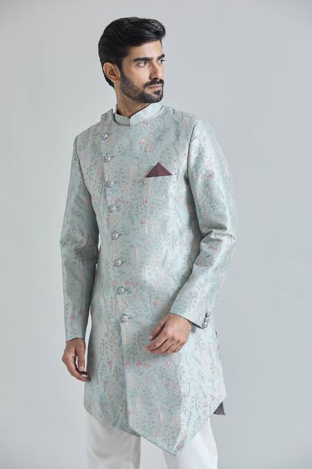 Buy_Arihant Rai Sinha_Grey Silk, Rayon, Satin, Cotton Blossom Asymmetric Sherwani With Polo Pant