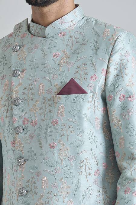 Shop_Arihant Rai Sinha_Grey Silk, Rayon, Satin, Cotton Blossom Asymmetric Sherwani With Polo Pant