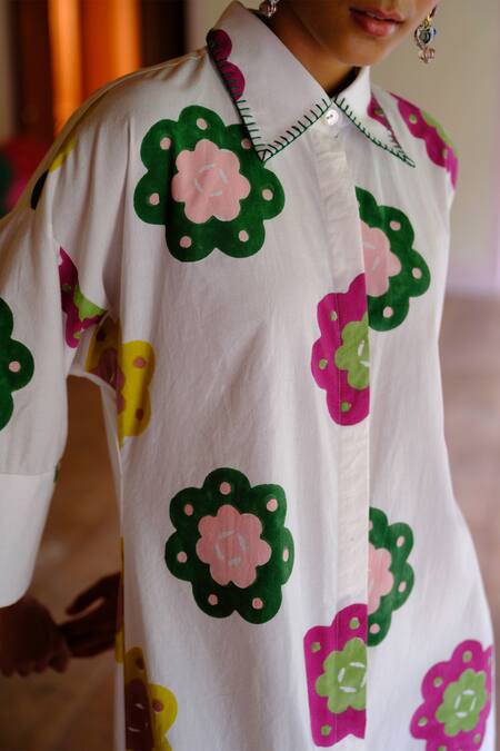 Jodi White Cotton Collared Floral Handblock Print Shirt Dress Online at Aza Fashions Jodi_White Cotton Collared Floral Handblock Print Shirt Dress _Online_at_Aza_Fashions